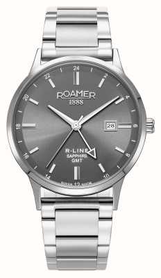 Roamer R-Line GMT (43 mm) graues Zifferblatt / austauschbares Edelstahlarmband und schwarzes Lederarmband 990987 41 55 05