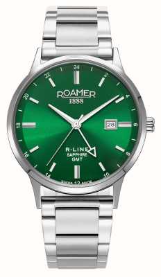 Roamer R-Line GMT (43 mm), grünes Zifferblatt / austauschbares Edelstahlarmband und schwarzes Lederarmband 990987 41 75 05