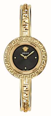 Versace Ikonisches La Greca (28 mm) schwarzes Zifferblatt / goldfarbenes Edelstahl-Armband VE8C00524