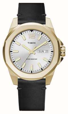 Timex Essex Ave Day-Date (46 mm) silbernes Zifferblatt / schwarzes Lederarmband TW2W43200