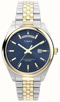Timex Legacy Day-Date (41 mm) blaues Sunray-Zifferblatt / zweifarbiges Edelstahlarmband TW2W42600
