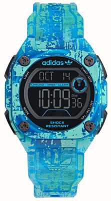 Adidas City Tech Two Grfx (45 mm) digitales Zifferblatt / blau gemustertes Kunststoffarmband AOST24077