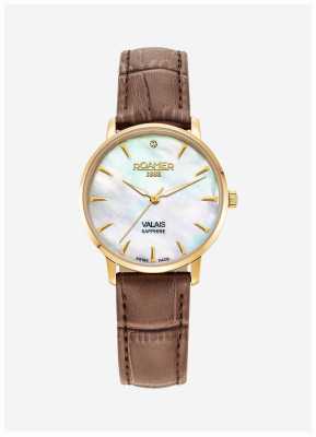 Roamer Damenuhr Valais (32 mm) mit Perlmuttzifferblatt / Armbandset aus braunem Leder und goldenem Stahlgeflecht 989847 48 10 05