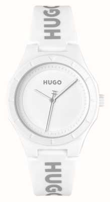 HUGO Damenuhr #lit (36 mm) mit weißem Zifferblatt und weißem Silikonarmband 1540165