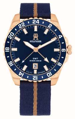 Tommy Hilfiger Herrenuhr TH85 GMT (42 mm) mit blauem Zifferblatt und blauem Stoffarmband in Tide Ocean 1792130