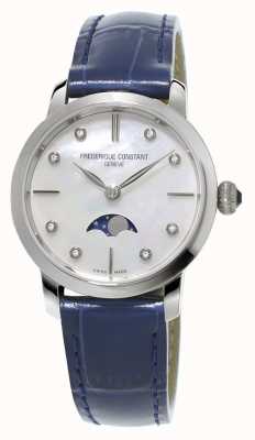 Frederique Constant Slimline Damenarmband mit Diamanten in Mondphase, blaues Lederband FC-206MPWD1S6