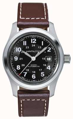 Hamilton Herren Khaki Feld Automatik 42 mm schwarzes Zifferblatt braunes Lederband H70555533