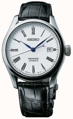 Seiko Presage Herren Automatik weißes Zifferblatt schwarzes Lederarmband SPB047J1