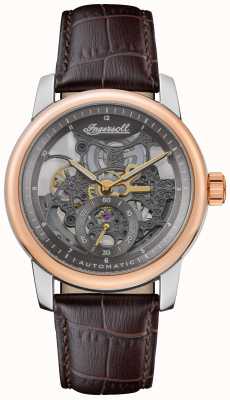 Ingersoll Das Baldwin automatische graue skelettierte Zifferblatt braunes Lederband I11001