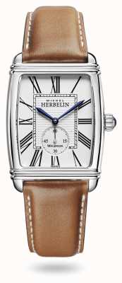 Herbelin Art déco | Handaufzug | braunes Lederarmband, silbernes Zifferblatt 1938/08GO