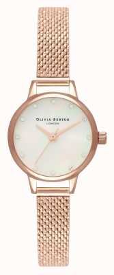 Olivia Burton Weißes Mini-Perlmutt-Zifferblatt, funkelnde Markierungen & roségoldenes Boucle-Mesh OB16MN05