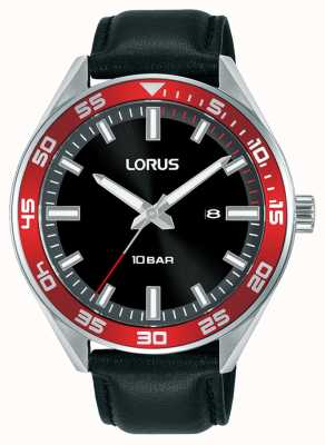 Lorus Sport Quarzuhr schwarzes Zifferblatt mit Sonnenschliff schwarzes Lederarmband RH941NX9