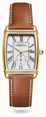 Michel Herbelin Art Deco Uhr braunes Lederarmband weißes Zifferblatt 10638/P08GO