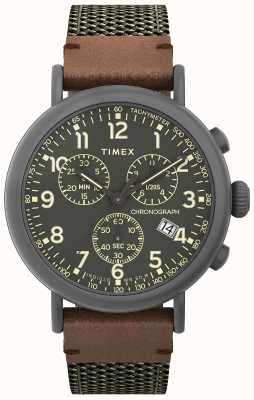Timex Standard-Chrono 41 mm, graues Gehäuse, olivfarbenes Zifferblatt, olivfarbenes Stoff-Lederarmband TW2U89500
