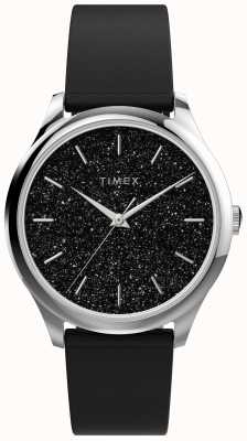 Timex Silberfarbenes Gehäuse mit schwarzem Glitzerzifferblatt und schwarzem Armband TW2V01100