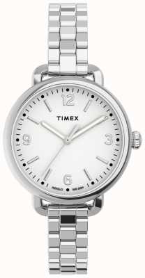 Timex Damen Standard demi 30 mm silberfarbenes Gehäuse, weißes Zifferblatt, silberfarbenes Armband TW2U60300