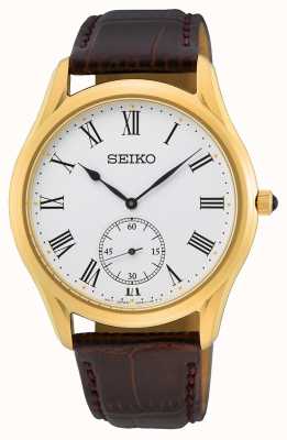 Seiko Braunes Lederband, weißes Zifferblatt, gelb vergoldete Uhr SRK050P1