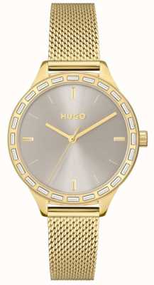 HUGO #flash für frauen | graues Zifferblatt | goldenes Mesh-Armband 1540116