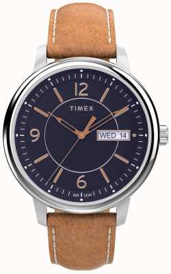 Timex Chicagoblaues Zifferblatt, braunes Lederband TW2V29000