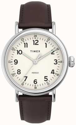 Timex Standard cremefarbenes Zifferblatt, braunes Lederarmband TW2V27800