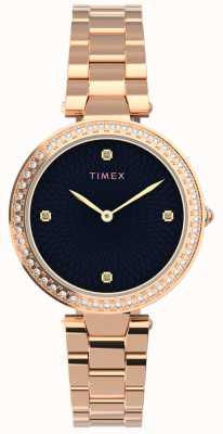 Timex Frau | schmücken mit Kristallen schwarzes Zifferblatt | Armband aus Roségold TW2V24600