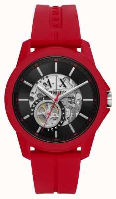 Armani Exchange Automatisch | schwarzes skelettiertes Zifferblatt | rotes Silikonband AX1728