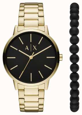 Armani Exchange Geschenkset mit Uhren und Armbändern für Herren | goldene Edelstahluhr | schwarzes Perlenarmband AX7119