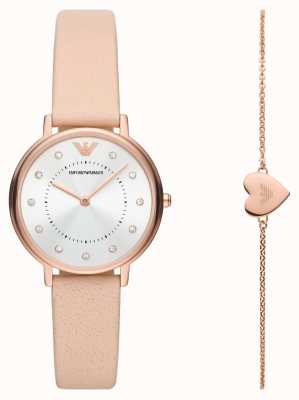 Emporio Armani Geschenkset für Damen | Uhr mit rosa Lederarmband | roségoldfarbenes Armband AR80058