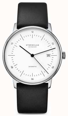 STERNGLAS Herren Naos Automatik | weißes Zifferblatt | schwarzes Lederband S02-NA01-PR07