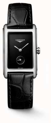 LONGINES Dolcevita Uhr mit schwarzem Zifferblatt und schwarzem Lederarmband L55124502