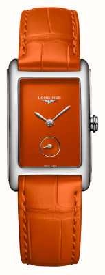 LONGINES Dolcevita Uhr mit orangefarbenem Zifferblatt und orangefarbenem Lederarmband L55124922