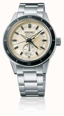 Seiko Uhr im Presage-Stil der 60er mit elfenbeinfarbenem Zifferblatt und schwarzer Lünette SSA447J1