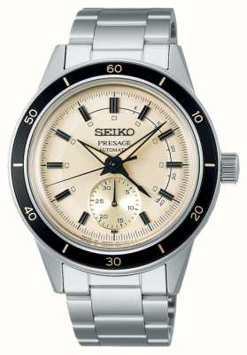 Seiko Uhr im Presage-Stil der 60er mit elfenbeinfarbenem Zifferblatt und schwarzer Lünette SSA447J1