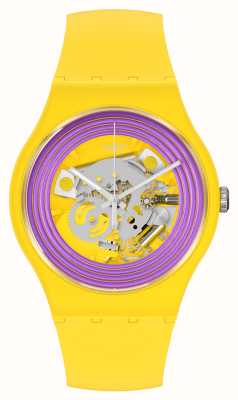 Swatch Uhr mit lila Ringen und gelbem Skelettzifferblatt SO29J100