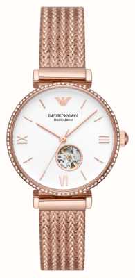 Emporio Armani Damen Automatik | weißes Zifferblatt | Mesh-Armband aus roségoldenem Edelstahl AR60063