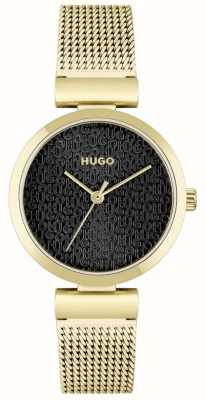 HUGO Frauen #süß | vergoldetes Mesh-Armband | schwarzes Zifferblatt 1540129